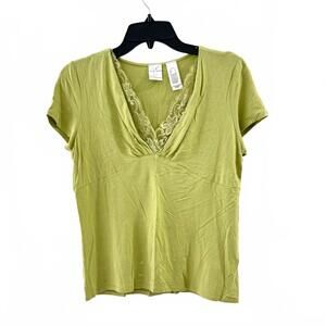 Vintage Emma James Green Lace Short Sleeve V-Neck T-shirt Top- Size Petite Large